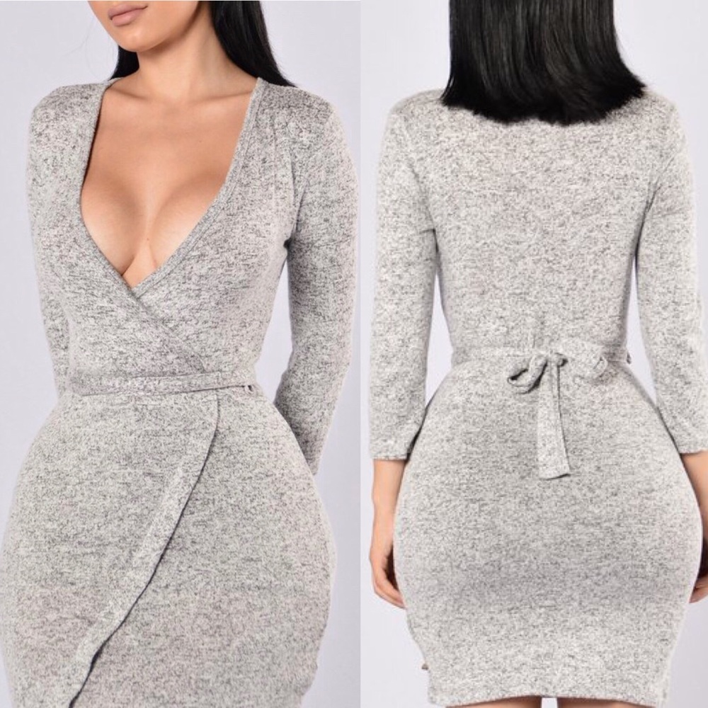 💋SOLD💋 Grey Faux Wrap Tie Sweater Mini Dress